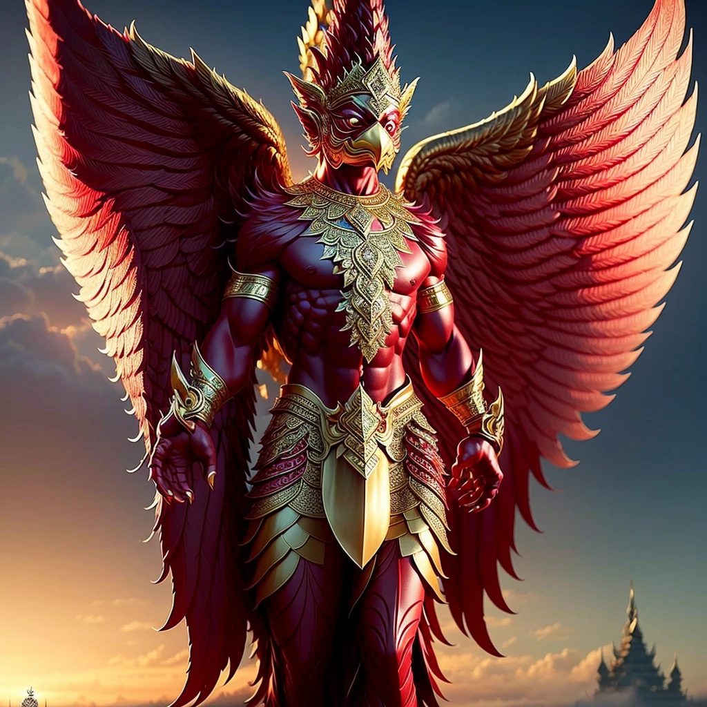 (Garuda 1) Red eyes, muscular body. Best anatomy: Red-skinned Garuda. Red-haired Garuda. Large, outstretched, red-winged Garuda. perfect wingspan Wear jewelry made from gold with Thai patterns. Gold jewelry decorated with diamonds on Garuda's head Wearing Thai cloth pants, Thai silk, red Thai pattern. Hands on hands and legs look like perfect birds. Hands, legs, feet are perfect. Stand on the ground, look straight, stand fully. The skin is the most detailed. The skin is red. The fur is the most detailed red. Red eyes, best detail The best anatomical details, details, cloth, accessories, Thai warrior armor. Best Metal Details Best Weapons Best Weapon Details (Special details Masterpiece quality Realistic Photos(Ultimate Realistic Photos 8k,16k,32k) Maximum realism and best lighting details. Best light quality, best shadows World class photography studio (Best close-up view)(The backdrop of the Thai temple castle is extinguished with gold, silver, emeralds, diamonds, perfect. The background is the sky, clouds, and fog. It feels natural and realistic.)