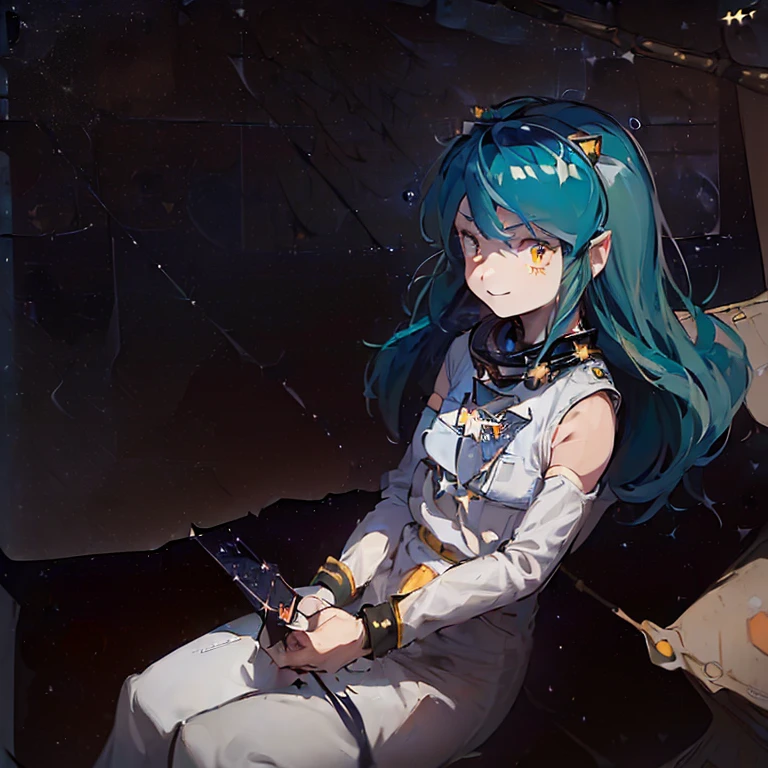 16k,(masterpiece:2),(best quality:2),(realistic),((ultra detailed)),(cinema lighting),(upper body), 2-tone green color long hair, a matured female,(medium breasts),(a pilot of a small space fighter:2),(((((sitting and manipulating the control stick by hands)))),((in white spacesuit)),,(smile),lum,lumlum,horns,,(((in the cockpit of a small space fighter))),((((looking forward))),BREAK,(many stars and the outer space out of the cockpit:2),