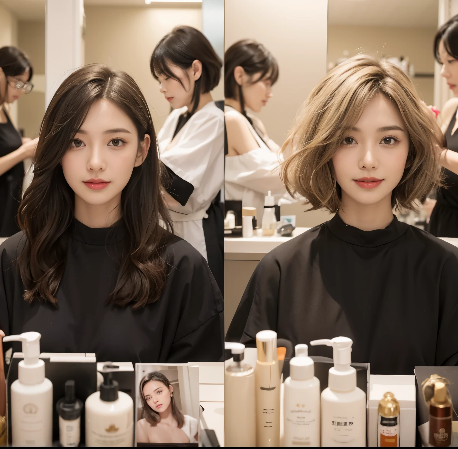Around 40 women getting their hair cut at a salon, with shortヘア, with same hairstyle, Hair dyeing, princess cut, shortヘア cut, shortヘアcut, Before and after, bob cut, Cut style, short~long hair, shortヘア, Haircut in the middle part of curly hair, Smooth color, medium shortヘア, middle length hair, by Kanbun Master,Women of the same person,Before and After