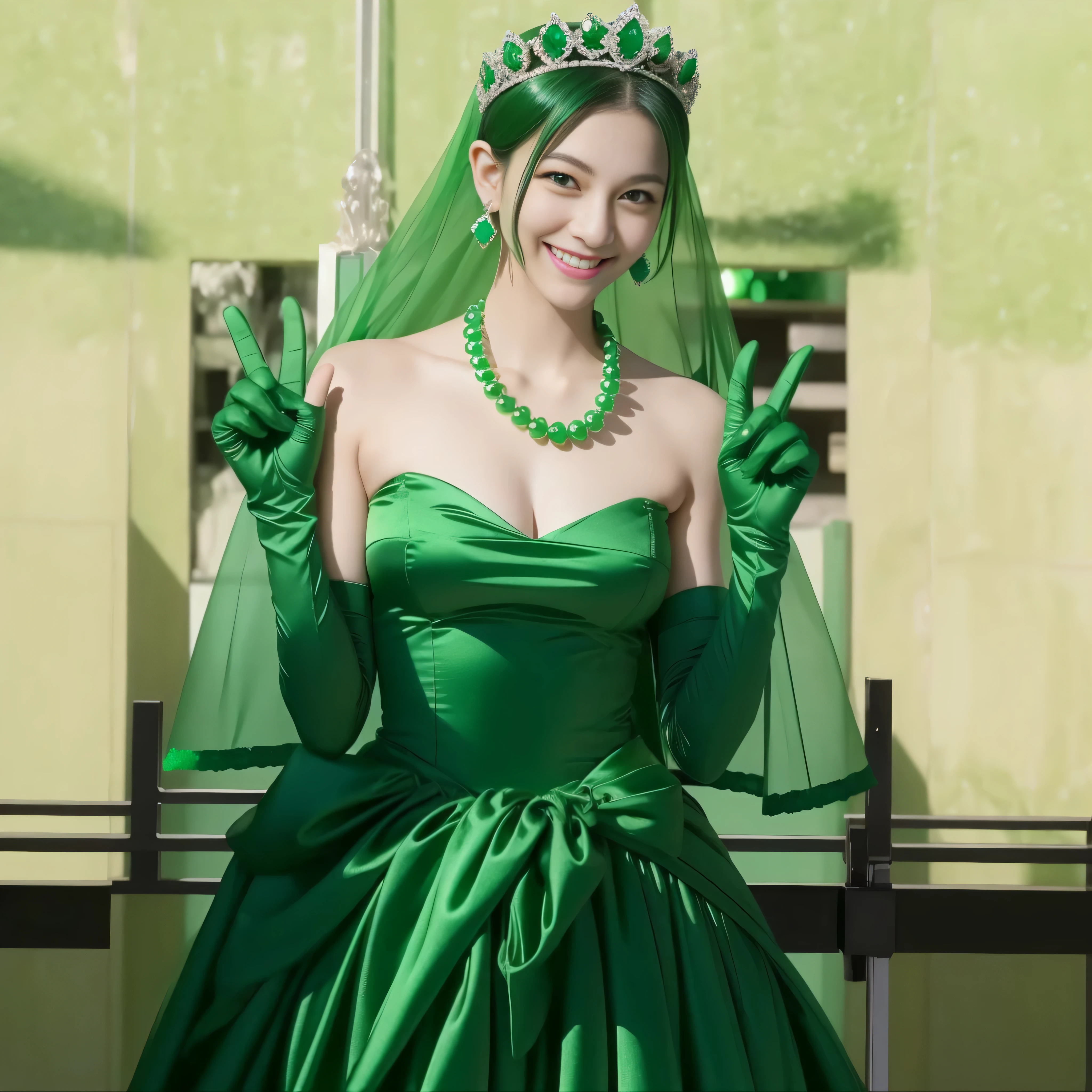 emerald tiara, green pearl necklace, boyish very short green hair, lipstick, smiling Japanese woman, very short hair, big breasts beautiful, green eyes, Long Green Satin Gloves, green eyes, V sign, emerald earrings, green veil

