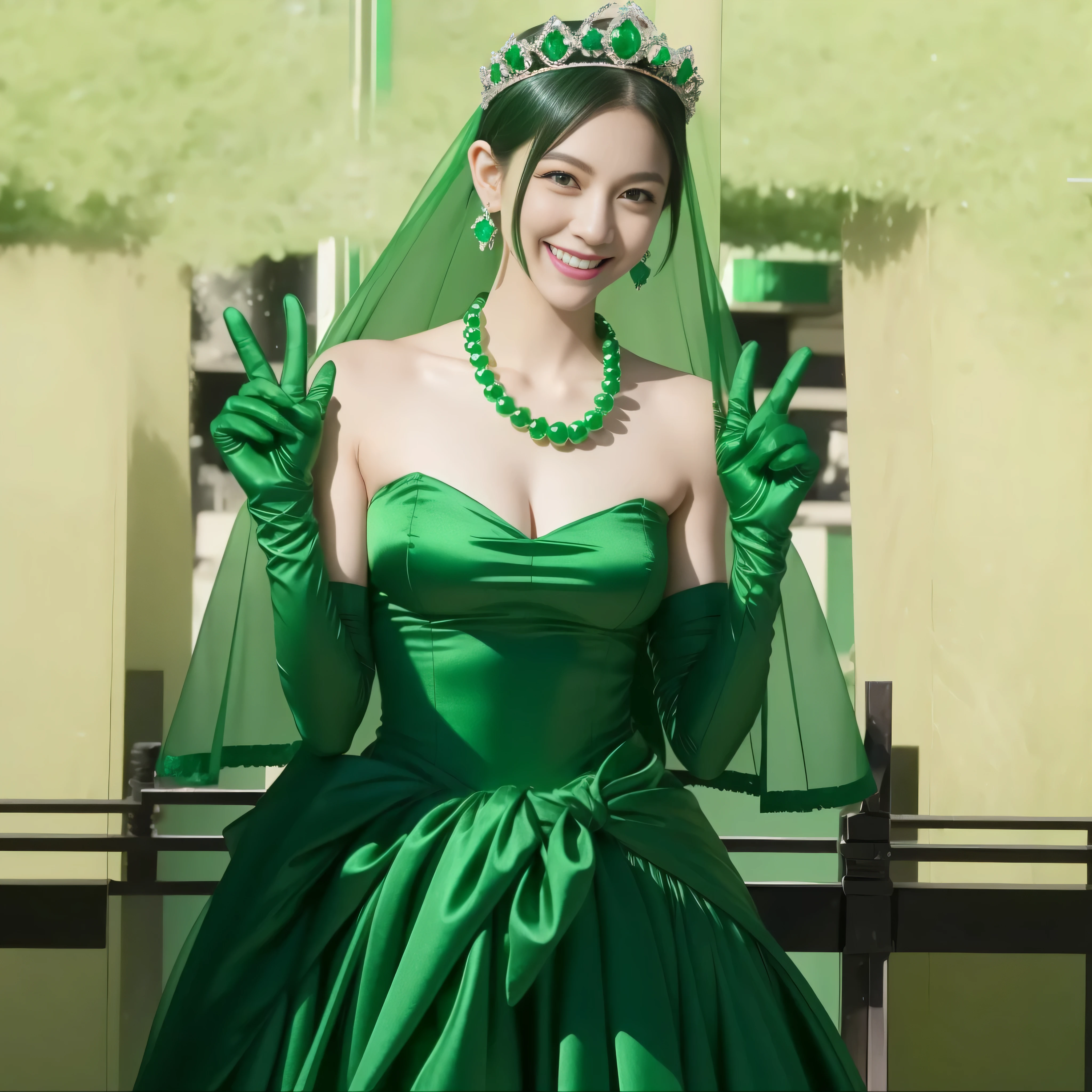 emerald tiara, green pearl necklace, boyish very short green hair, lipstick, smiling Japanese woman, very short hair, big breasts beautiful, green eyes, Long Green Satin Gloves, green eyes, V sign, emerald earrings, green veil