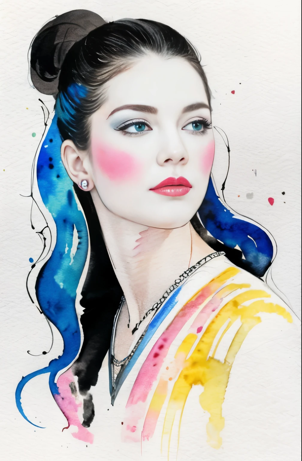 black and white drawing of a woman with a face, Sylvia Pelissero watercolors, tumbler, abstract art, Intense watercolor painting, watercolor detailed art, watercolor splash, surreal, Avant-garde pop art, Beautiful and expressive painting, Beautiful artwork illustration, very colorful tones, Fantastic, cool beauty, highest quality,official art, women only, sharp outline, best shot, vector art