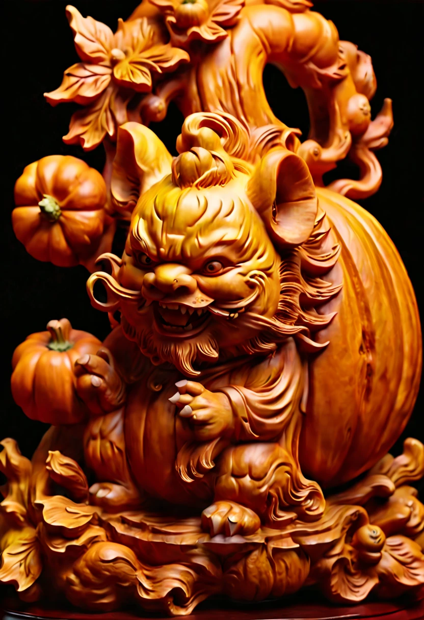 A Pumpkin Carvings Pi Xiu, smooth surface, rimming light, Wood grain background, playful illustrations, playful, dreamy imagery, Chinese style, extremely detailed, soft lighting, soft contrast, incredible art, wlop, artstation, artgerm, octane render, (best quality, masterpiece, Representative work, official art, Professional, 8k:1.3)