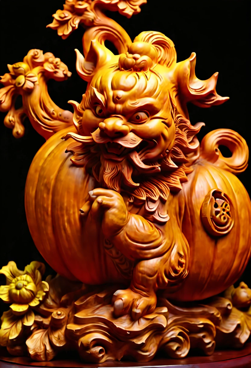 A Pumpkin Carvings Pi Xiu, smooth surface, rimming light, Wood grain background, playful illustrations, playful, dreamy imagery, Chinese style, extremely detailed, soft lighting, soft contrast, incredible art, wlop, artstation, artgerm, octane render, (best quality, masterpiece, Representative work, official art, Professional, 8k:1.3)