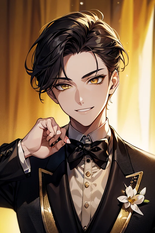 (muste piece), (best quality), extremely detailed, 1 man, solo, perfect face, pretty face, highly detailed face，yellow short hair, yellow eyebrows、Handsome man with expressive eyes, smiling, yellow eyes、(((tuxedo)))