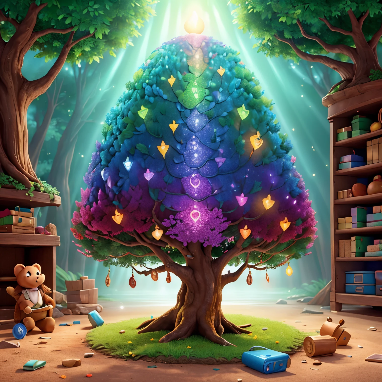Finally, after solving all the clues, the friends reached the magical tree where the treasure awaited, showering them with glittering surprises