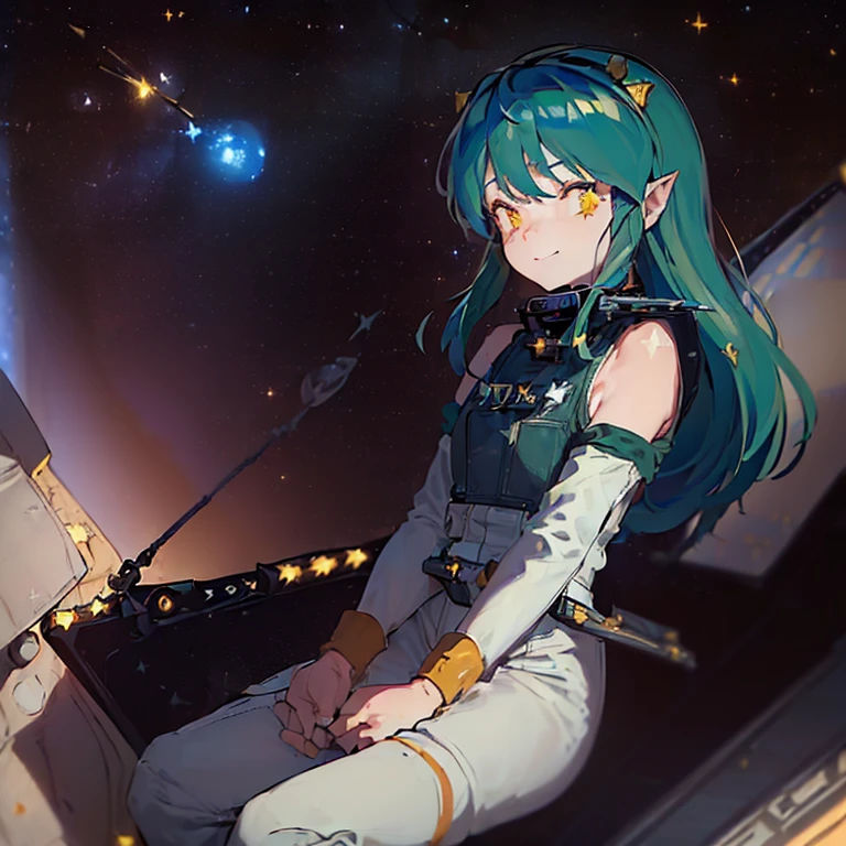 16k,(masterpiece:2),(best quality:2),(realistic),((ultra detailed)),(cinema lighting),(upper body), 2-tone green color long hair, a matured female,(medium breasts),(a pilot of a small space fighter:2),(((((sitting and manipulating the control stick by hands)))),((in white spacesuit)),,(smile),lum,lumlum,horns,,(((in the cockpit of a small space fighter))),((((looking forward))),BREAK,((((((many star lights and the outer space out of the cockpit)))))),