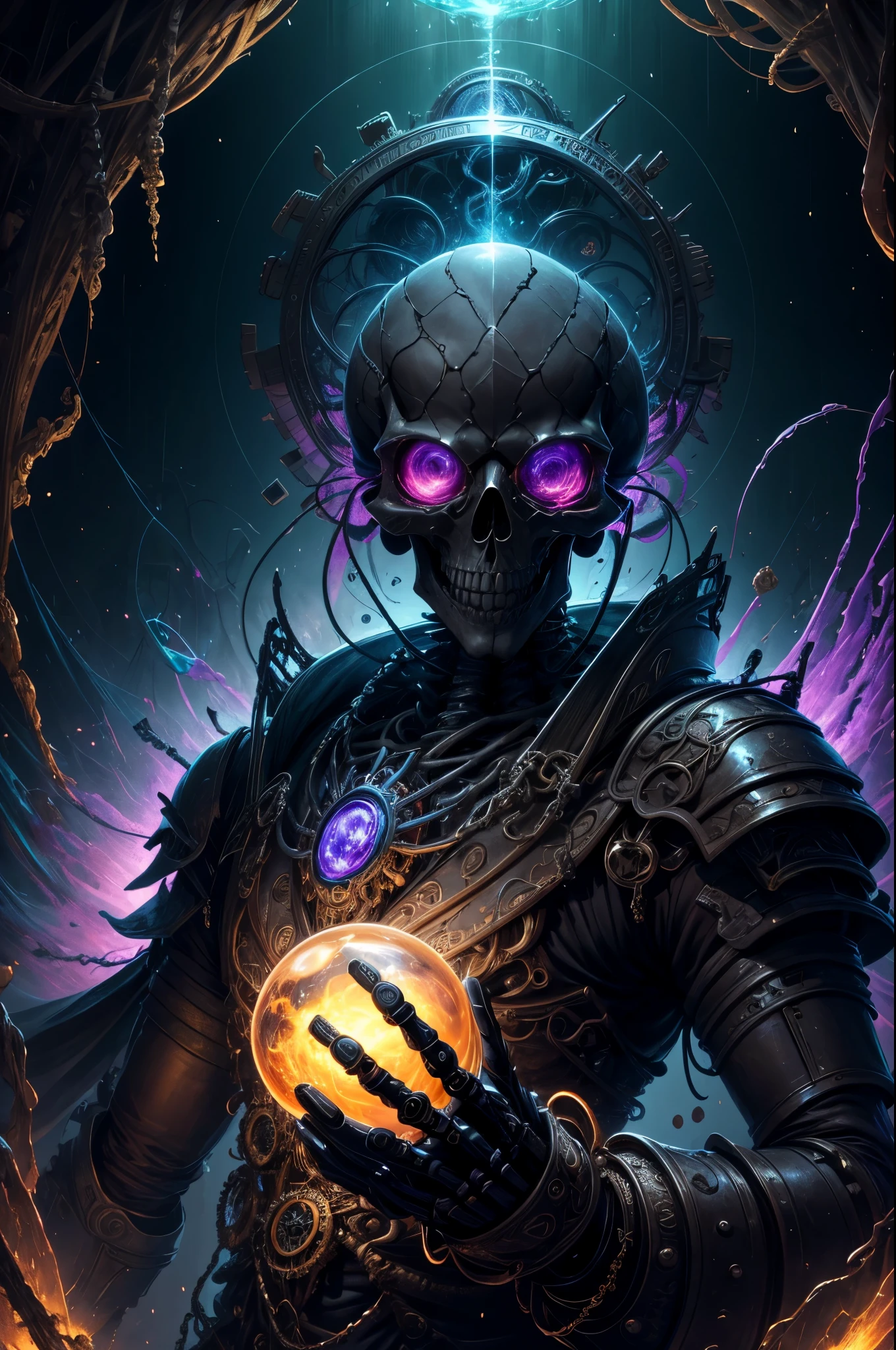 (Masterpiece, best quality :1.3), ultra-detailed, intricate, 8k, HDR, wallpaper, movie lighting, (Universe), gun, (shooting position), glow,Lord of Death Crown， armor, ((manic smile)), red eyes, Mecha, large wings, head close-up (metal skeleton parasitically parasized by a dreamlike transparent jellyfish), An altar of abstractly twisted jellyfish tentacles holds a very large (mysterious skull made of metal), a waterfall of transparent tentacles above the skull, (dark sunglasses, highly reflective lenses, a rainbow around the skull), and an energetic circular composition only illustrates the influence of various structural forces (steampunk decorative elements, cogs, and other elements). Pointer, chain decoration combination,insanely detailed and intricate, hypermaximalist, elegant, ornate, hyper realistic, super detailed