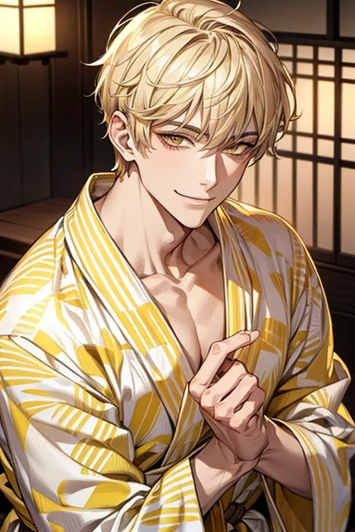 (muste piece), (best quality), extremely detailed, 1 man, solo, perfect face, pretty face, highly detailed face，yellow short hair, yellow eyebrows、Handsome man with expressive eyes, smiling, yellow eyes、(((yukata)))