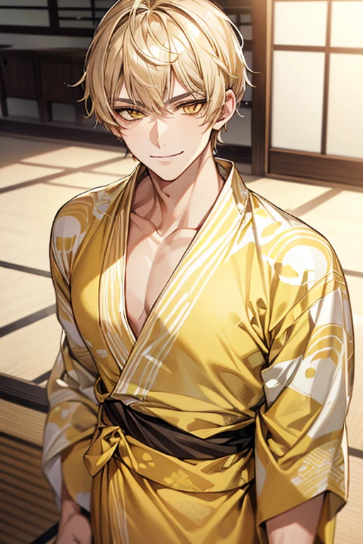 (muste piece), (best quality), extremely detailed, 1 man, solo, perfect face, pretty face, highly detailed face,yellow short hair, yellow eyebrows、Handsome man with expressive eyes, smiling, yellow eyes、(((yukata)))