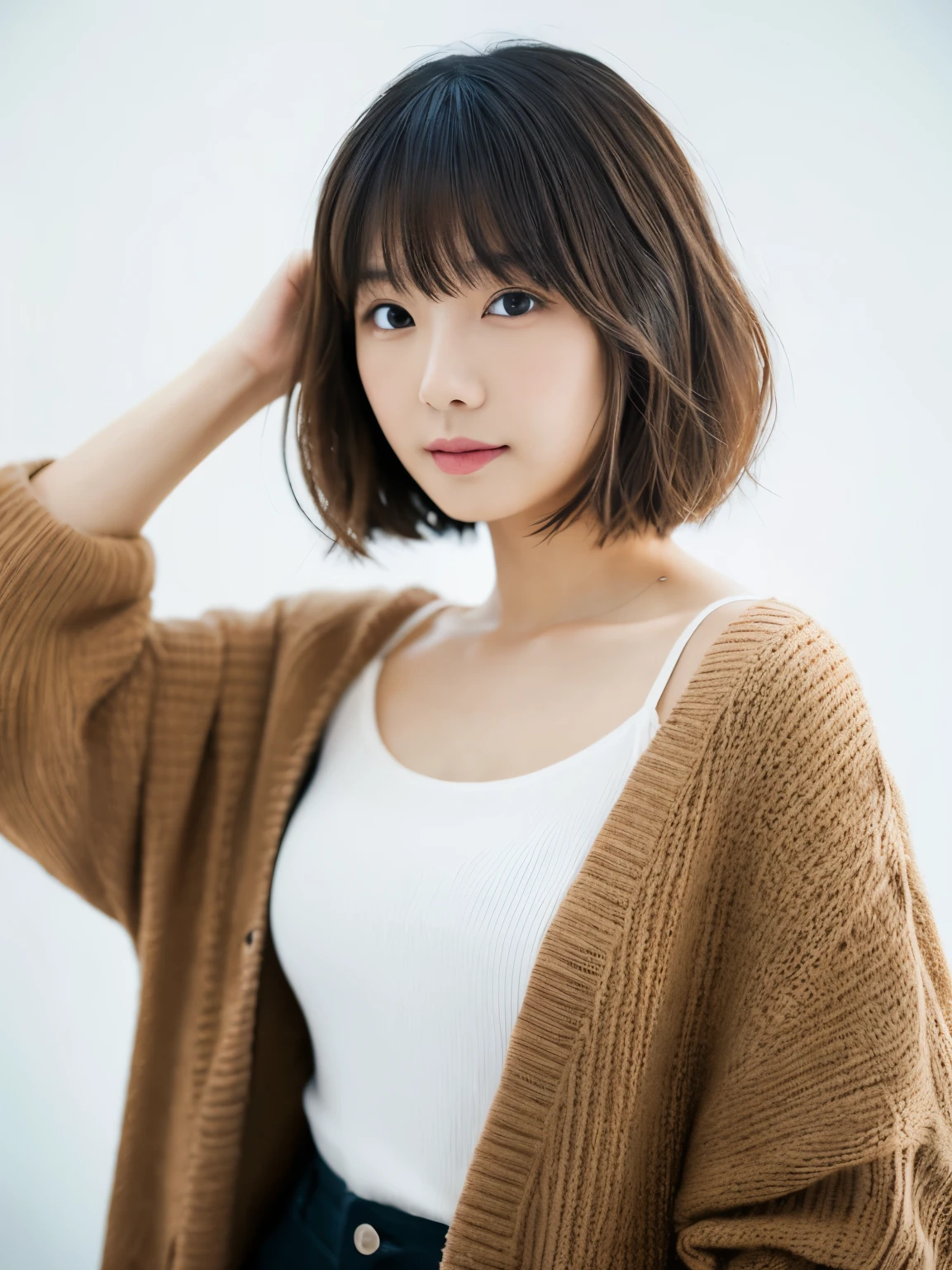 ((masutepiece,top-quality)), (photographrealistic:1.4),((masutepiece,8K)),hight resolution,Studio Soft Light, Rim Lights, vibrant detail, realistic skin textures,Japanese, 1 beautiful woman, Short hair, Wave hair, faint thin bangs, make - up, 38 years, Detailed skin, cardigan, wide-leg pants, White background, White Room,white walls, fully body photo, Looking at Viewer