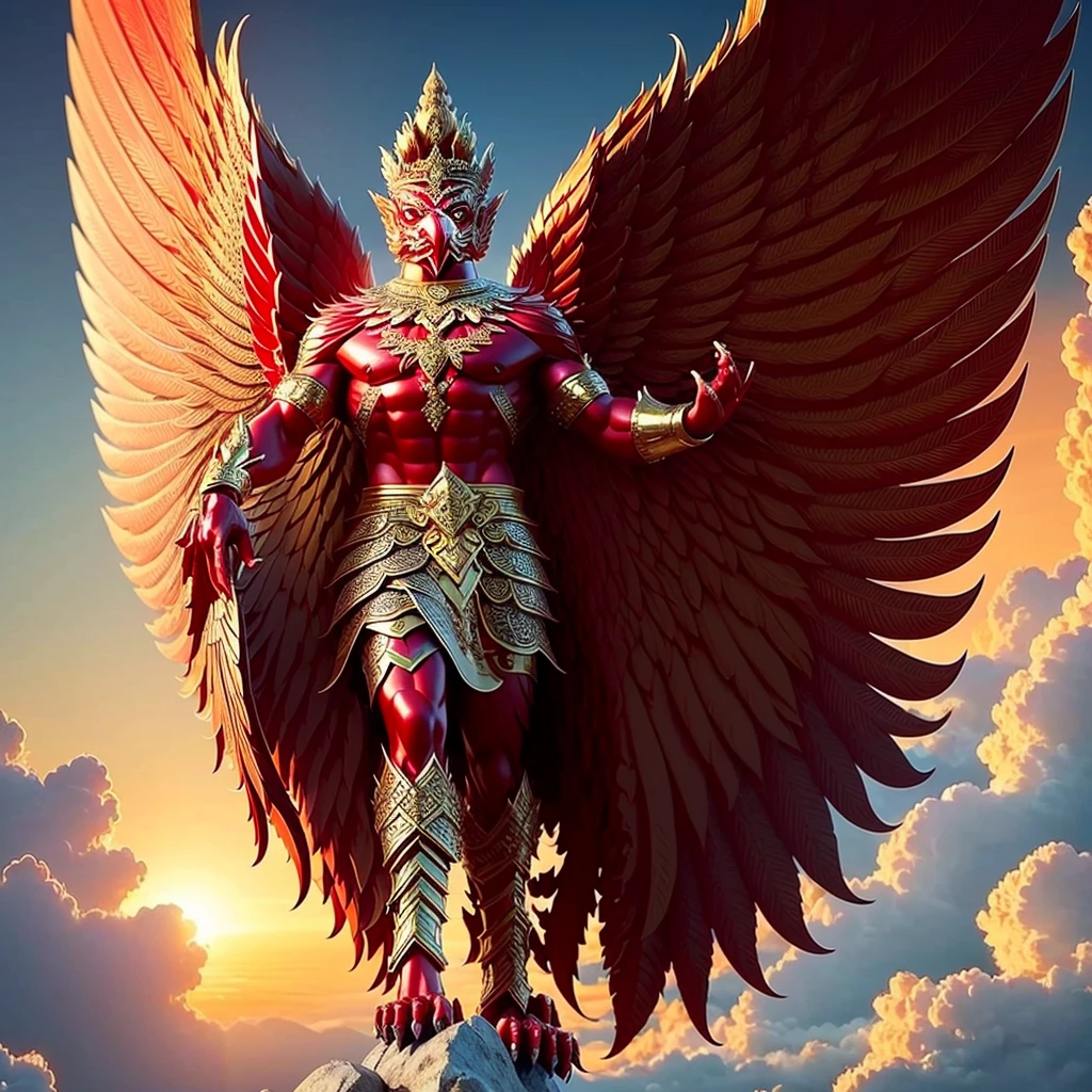 (Garuda 1) Red eyes, muscular body. Best anatomy: Red-skinned Garuda. Red-haired Garuda. Large, outstretched, red-winged Garuda. perfect wingspan Wear jewelry made from gold with Thai patterns. Gold jewelry decorated with diamonds on Garuda's head Wearing Thai cloth pants, Thai silk, red Thai pattern. Hands on hands and legs look like perfect birds. Hands, legs, feet are perfect. Stand on the ground, look straight, stand fully. The skin is the most detailed. The skin is red. The fur is the most detailed red. Red eyes, best detail The best anatomical details, details, cloth, accessories, Thai warrior armor. Best Metal Details Best Weapons Best Weapon Details (Special details Masterpiece quality Realistic Photos(Ultimate Realistic Photos 8k,16k,32k) Maximum realism and best lighting details. Best light quality, best shadows World class photography studio (Best close-up view)(The backdrop of the Thai temple castle is extinguished with gold, silver, emeralds, diamonds, perfect. The background is the sky, clouds, and fog. It feels natural and realistic.)