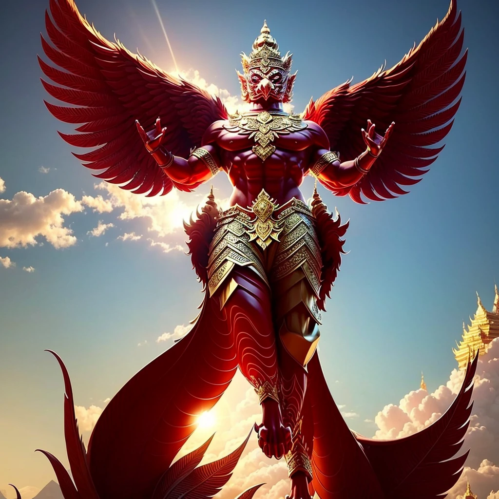 (Garuda 1) Red eyes, muscular body. Best anatomy: Red-skinned Garuda. Red-haired Garuda. Large, outstretched, red-winged Garuda. perfect wingspan Wear jewelry made from gold with Thai patterns. Gold jewelry decorated with diamonds on Garuda's head Wearing Thai cloth pants, Thai silk, red Thai pattern. Hands on hands and legs look like perfect birds. Hands, legs, feet are perfect. Stand on the ground, look straight, stand fully. The skin is the most detailed. The skin is red. The fur is the most detailed red. Red eyes, best detail The best anatomical details, details, cloth, accessories, Thai warrior armor. Best Metal Details Best Weapons Best Weapon Details (Special details Masterpiece quality Realistic Photos(Ultimate Realistic Photos 8k,16k,32k) Maximum realism and best lighting details. Best light quality, best shadows World class photography studio (Best close-up view)(The backdrop of the Thai temple castle is extinguished with gold, silver, emeralds, diamonds, perfect. The background is the sky, clouds, and fog. It feels natural and realistic.)