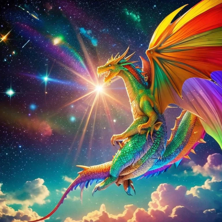A rainbow-colored dragon swimming through space with a gentle expression、dragon tamer woman、A woman cuddling with a dragon、pillar of light from heaven、assimilate with light、pouring light、美しいfantasyな景色、Enveloped in light、surrounded by great love、heal the wounds of the heart、bring joy to life、fantasy、spiritual、beautiful universe、brilliance of the soul、eternal life、rainbow of seven colors、sacred ritual、newly born、make a spell、happiness comes、full of joy、I'm very happy、very happy