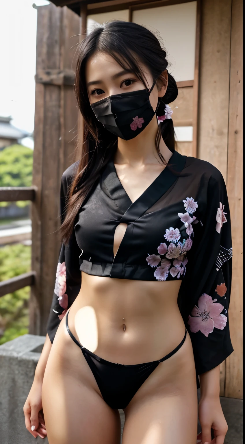 最high quality、high quality、best image quality、8K、最High resolution、High resolution、最high quality、masterpiece、RAW photo、realistic atmosphere、(detailed face)、(fine hands、thumb１reference４)、(beauty of japan )、very nice face、cute face、((beautiful japanese girl))、(japanese woman), ((18 year old beautiful girl))、(glossy black hair)、(straight long hair)、(ponytail)、whole body、slim style、(shiny skin)、(Fair skin, Glossy skin)、real human skin、realistic human body structure、perfect body， perfect face， perfect hands， perfect fingers， perfect lips， perfect eyes，perfect teeth、perfect background， perfect atmosphere， natural soft light、photon mapping、Ainu folk costume、japanese traditional、(kunoichi kimono)、In front of an old Japanese house、((thin transparent black(floral crop top kimono、String loincloth、mouth mask))、Dynamic pose with combat in mind