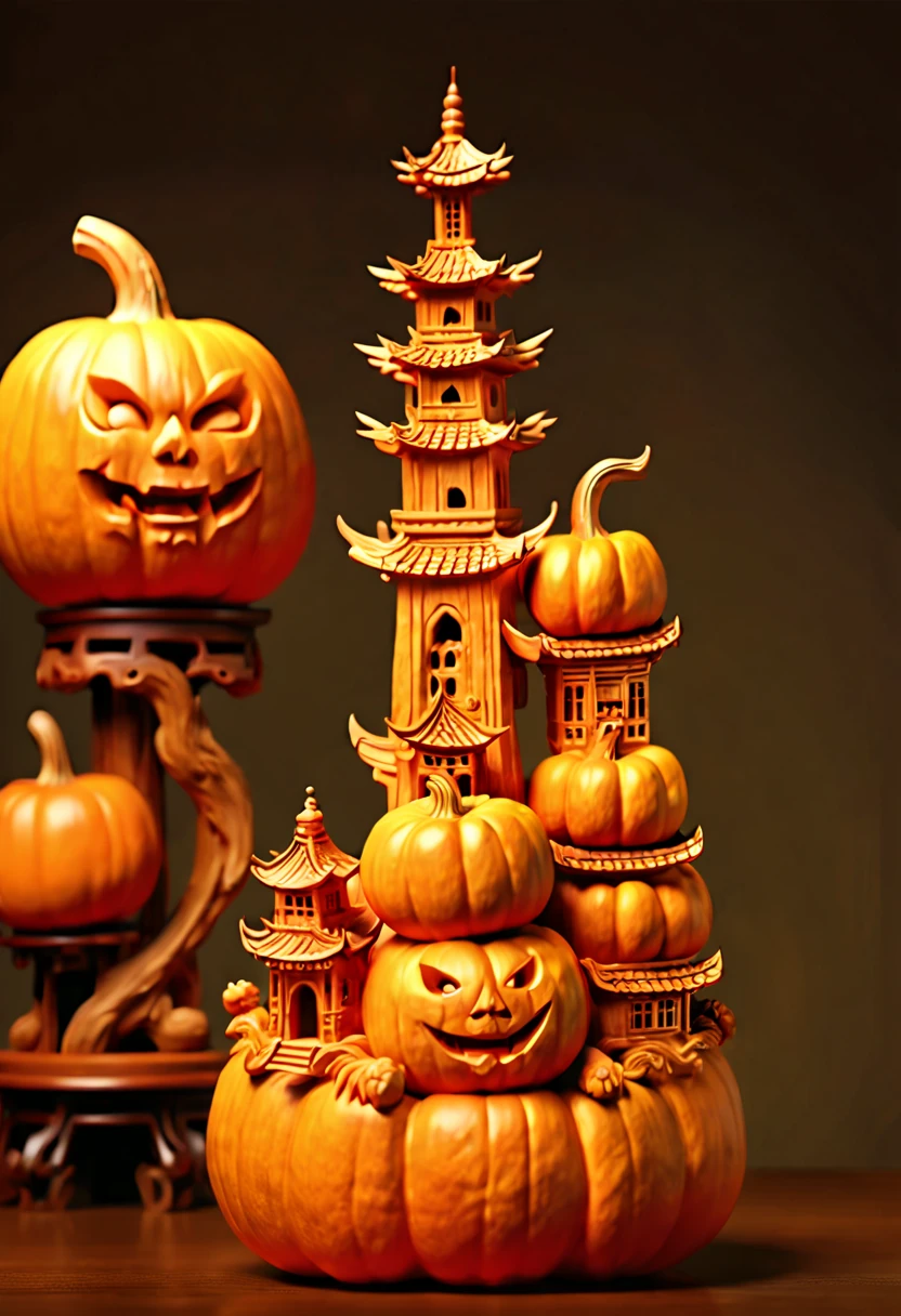 A Pumpkin Carvings tower, smooth surface, rimming light, Wood grain background, playful illustrations, playful, dreamy imagery, Chinese style, extremely detailed, soft lighting, soft contrast, incredible art, wlop, artstation, artgerm, octane render, (best quality, masterpiece, Representative work, official art, Professional, 8k:1.3)