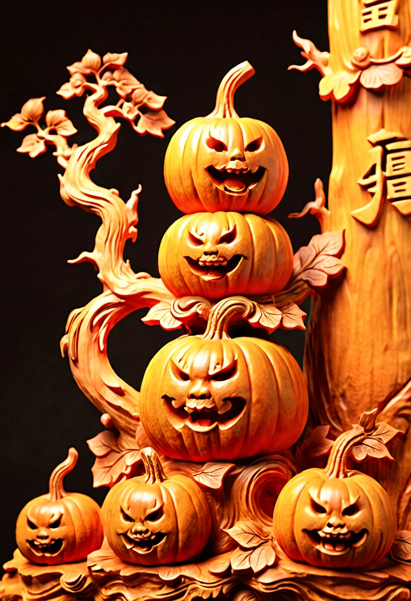 A Pumpkin Carvings tower, smooth surface, rimming light, Wood grain background, playful illustrations, playful, dreamy imagery, Chinese style, extremely detailed, soft lighting, soft contrast, incredible art, wlop, artstation, artgerm, octane render, (best quality, masterpiece, Representative work, official art, Professional, 8k:1.3)