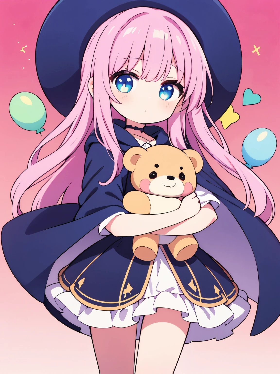Pastel color,One Girl、cute little、a very cute、PastelColors、Costumes in pastel colors、cape、witch's hat、An amusement park、the Ferris wheel、pink sky、balloons、Gradient hair、A pink-haired、lightblue hair、Twin-tailed、Red ribbon on head、Holding a bear doll、​masterpiece、Top image quality、top-quality、Very delicate illustration、fine portrayal、8k、beatiful backgrounds、Finely written illustrations、Excellent image quality、