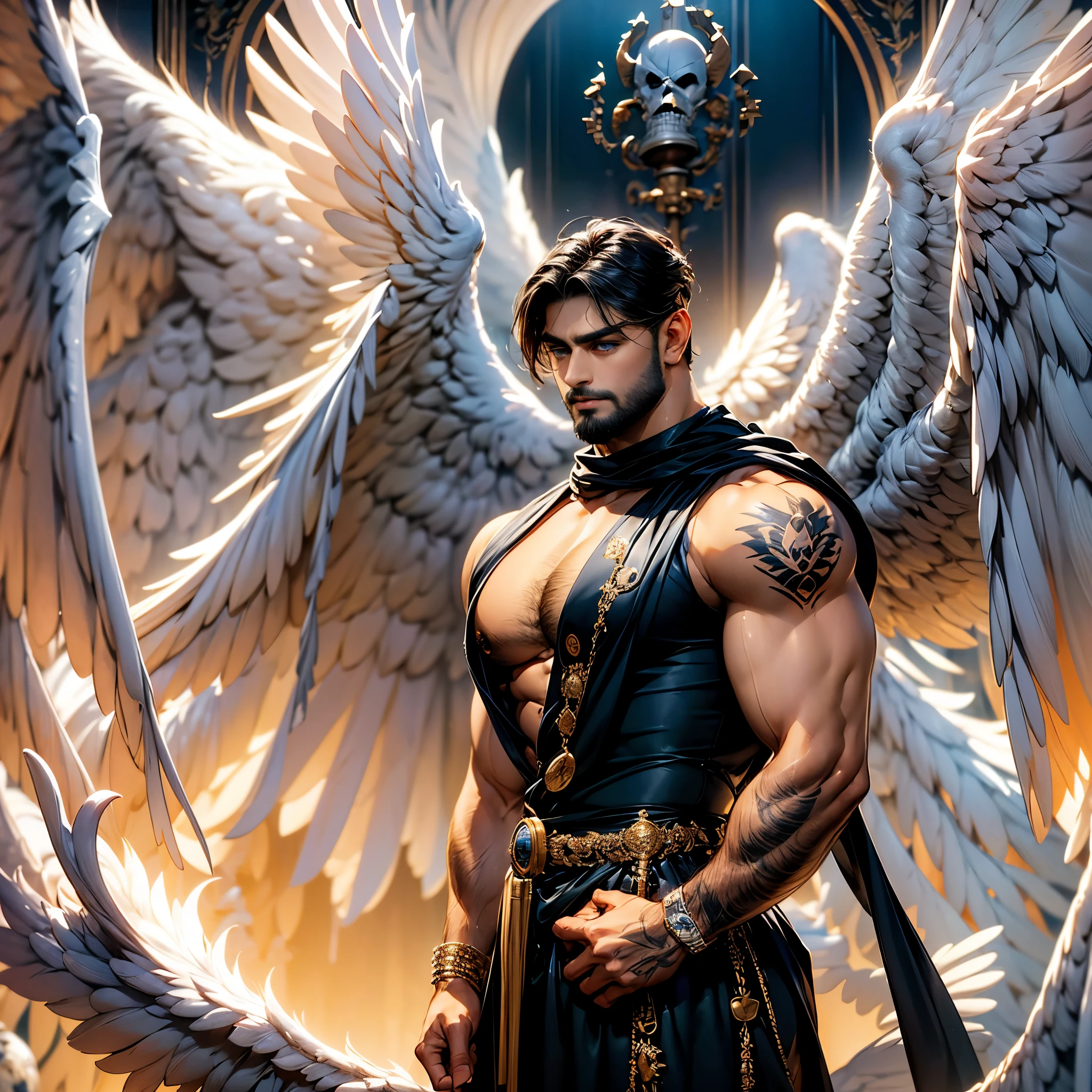 Daegan Tronos Character(alone), handsome, detailed face, dark skin, dark-tanned, perfect wings angel, symmetrical wings,blue eyes(color),small beard, medium haircut, pirate clothes, scarf on the neck (red color), tattooed arms, champion stance(body), visual harmony, epic wallpaper
