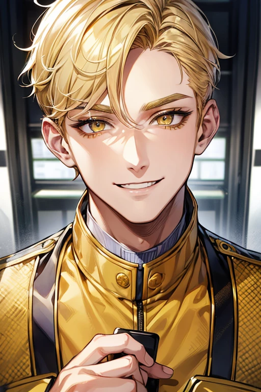 (muste piece), (best quality), extremely detailed, 1 man, solo, perfect face, pretty face, highly detailed face,yellow short hair, yellow eyebrows、Handsome man with expressive eyes, smiling, yellow eyes、(((Security uniforms)))