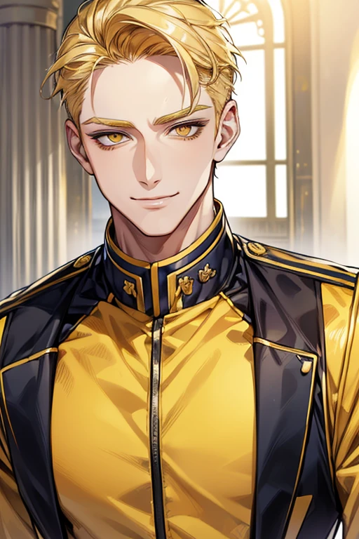 (muste piece), (best quality), extremely detailed, 1 man, solo, perfect face, pretty face, highly detailed face,yellow short hair, yellow eyebrows、Handsome man with expressive eyes, smiling, yellow eyes、(((Security uniforms)))