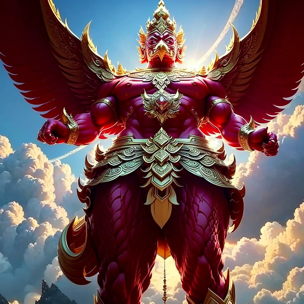 (Garuda 1) Red eyes, muscular body. Best anatomy: Red-skinned Garuda. Red-haired Garuda. Large, outstretched, red-winged Garuda. perfect wingspan Wear jewelry made from gold with Thai patterns. Gold jewelry decorated with diamonds on Garuda's head Wearing Thai cloth pants, Thai silk, red Thai pattern. Hands on hands and legs look like perfect birds. Hands, legs, feet are perfect. Stand on the ground, look straight, stand fully. The skin is the most detailed. The skin is red. The fur is the most detailed red. Red eyes, best detail The best anatomical details, details, cloth, accessories, Thai warrior armor. Best Metal Details Best Weapons Best Weapon Details (Special details Masterpiece quality Realistic Photos(Ultimate Realistic Photos 8k,16k,32k) Maximum realism and best lighting details. Best light quality, best shadows World class photography studio (Best close-up view)(The backdrop of the Thai temple castle is extinguished with gold, silver, emeralds, diamonds, perfect. The background is the sky, clouds, and fog. It feels natural and realistic.)