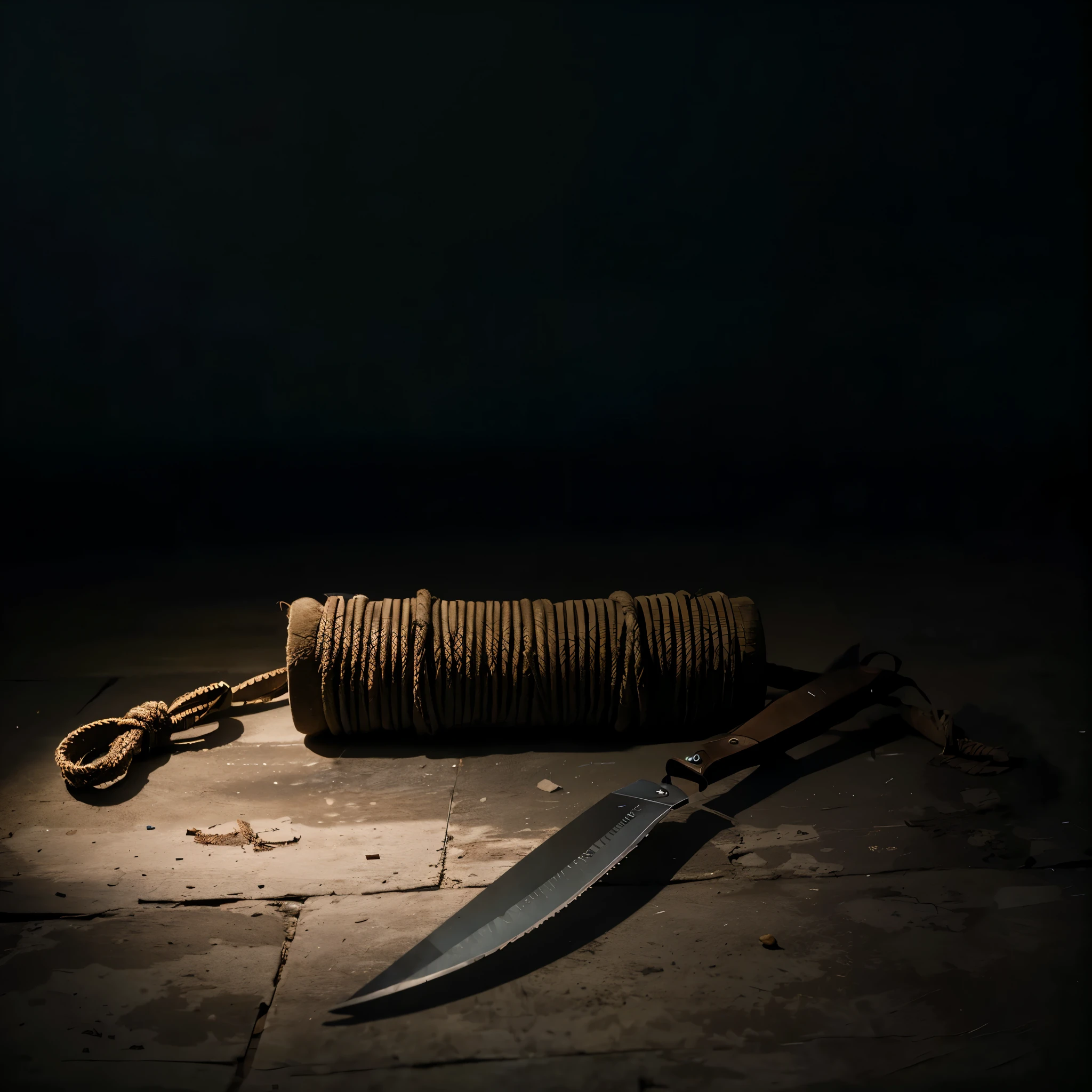 depicts a cut rope on the ground! Dark blood.