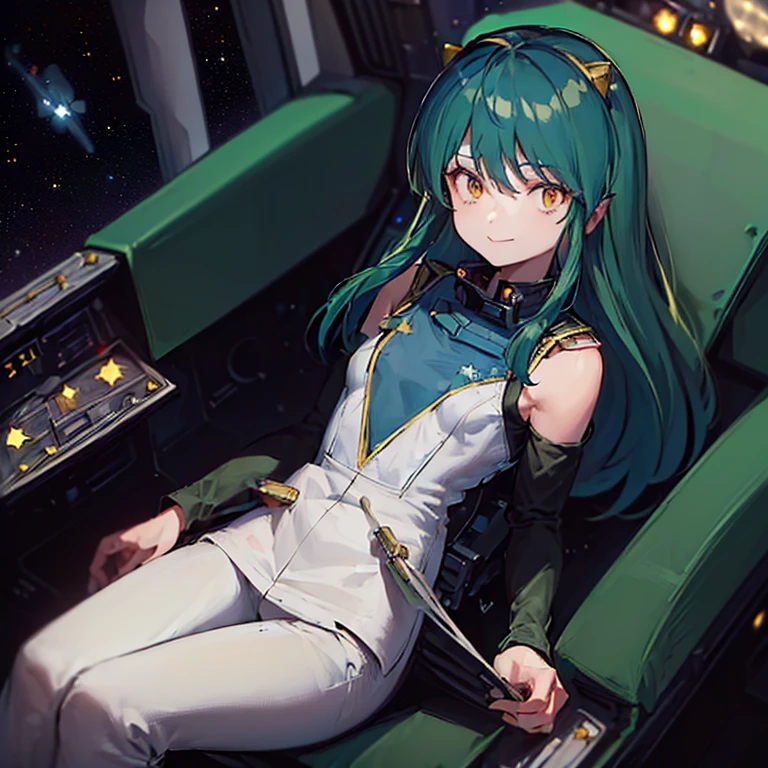 16k,(masterpiece:2),(best quality:2),(realistic),((ultra detailed)),(cinema lighting),(upper body), 2-tone green color long hair, a matured female,(medium breasts),(a pilot of a small space fighter:2),(((((sitting and manipulating the control stick by hands)))),((in white spacesuit)),,(smile),lum,lumlum,horns,,(((in the cockpit of a small space fighter))),((((looking forward))),BREAK,(((many star lights and the outer space out of the cockpit))),