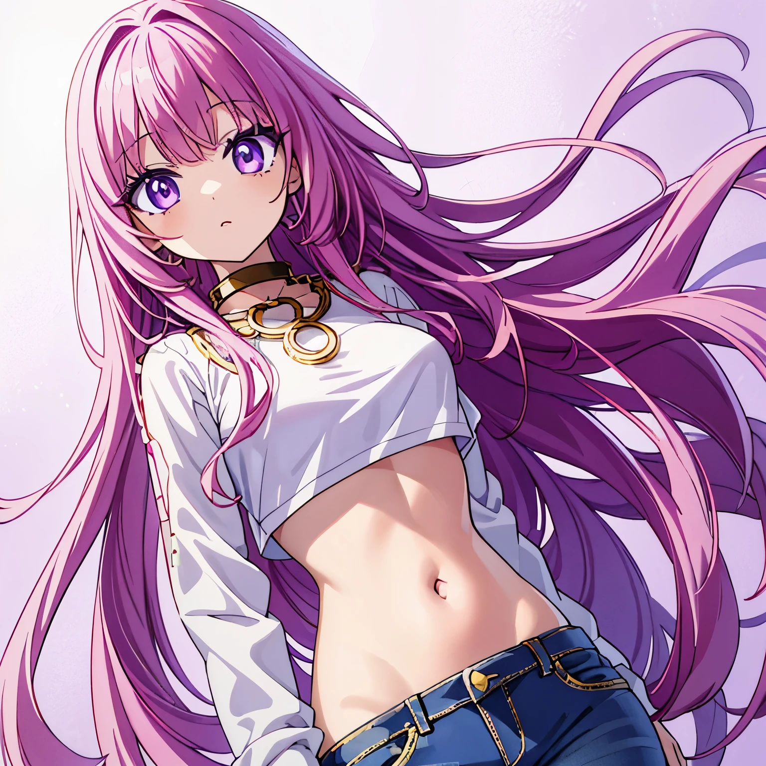 Anime girl long eyelashes purple eyes long pink hair with bangs with white crop top with jeans with holes in them with gold jewelry , outside
