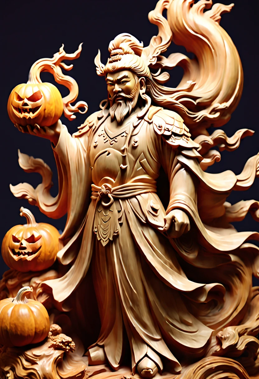 A Pumpkin Carvings guan yu, smooth surface, rimming light, Wood grain background, playful illustrations, playful, dreamy imagery, Chinese style, extremely detailed, soft lighting, soft contrast, incredible art, wlop, artstation, artgerm, octane render, (best quality, masterpiece, Representative work, official art, Professional, 8k:1.3)