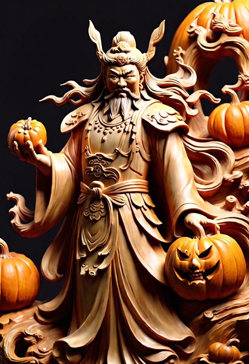 A Pumpkin Carvings guan yu, smooth surface, rimming light, Wood grain background, playful illustrations, playful, dreamy imagery, Chinese style, extremely detailed, soft lighting, soft contrast, incredible art, wlop, artstation, artgerm, octane render, (best quality, masterpiece, Representative work, official art, Professional, 8k:1.3)