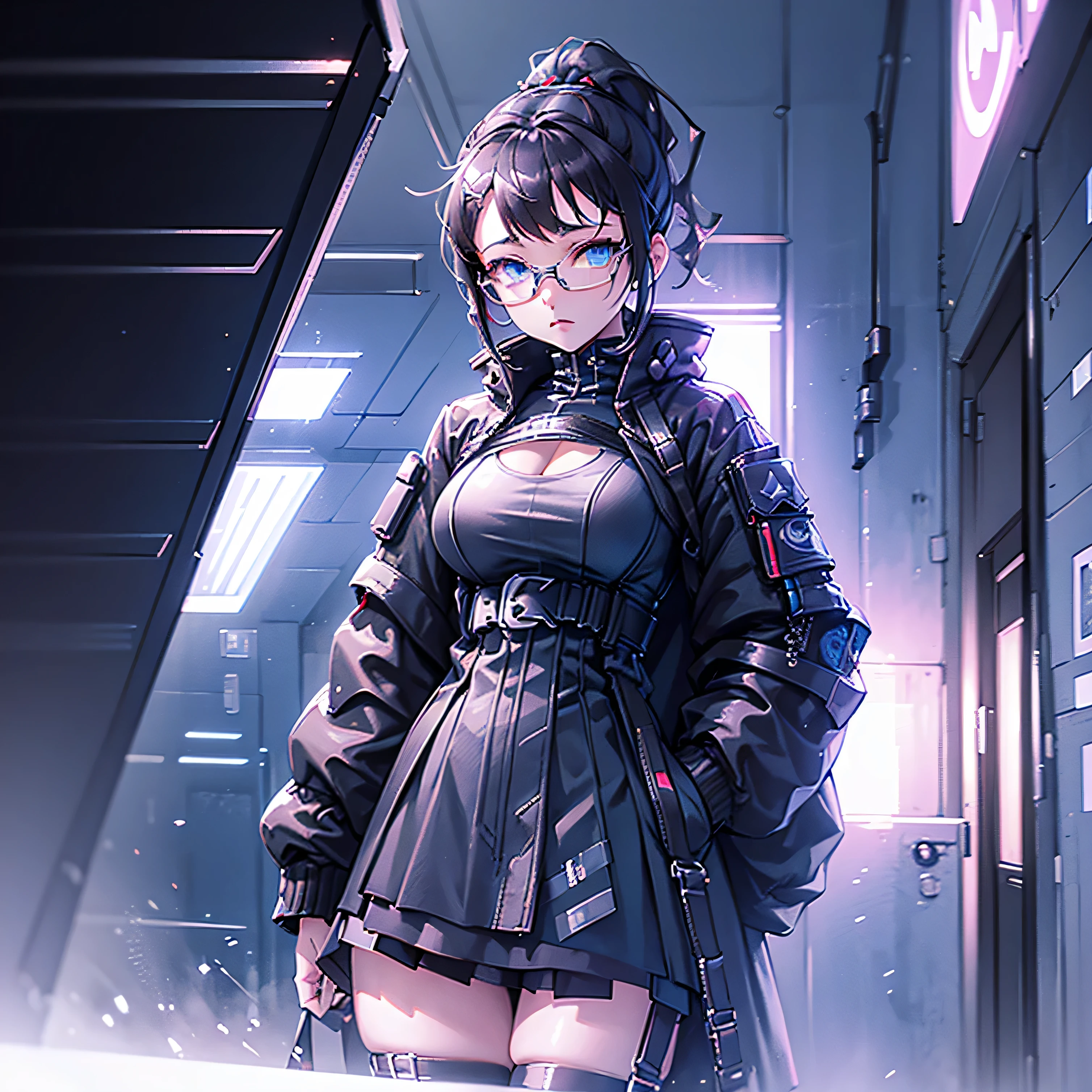 massive hips in a corset and a black and white outfit, big breast, high ponytail, glasses, blue eyes, with Fishnet on breasts, humble outfit, wearing techwear and armor, cyberpunk outfit, wearing japanese techwear, intriguing outfit, all black cyberpunk clothes, cyberpunk style outfit, female cyberpunk anime girl, cyberpunk streetwear, cyberpunk dress, anime girl , photograph of a techwear woman, cyberpunk anime girl, wearing cyberpunk streetwear