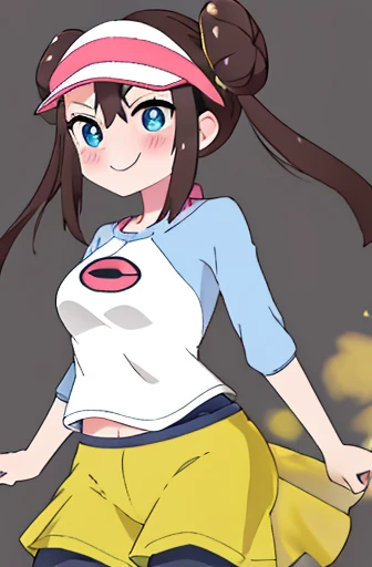 masterpiece、highest quality、high resolution、ro1、bun hair、blue eyes、twin tails、visor cap、pantyhose、raglan sleeve、Yellow shorts、shirt、pink ribbon、watch、cowboy shot、field、women stink、Attack with farts、blush、Small movements、My stomach is growling、big breasts、black spats、smile、Funbaru