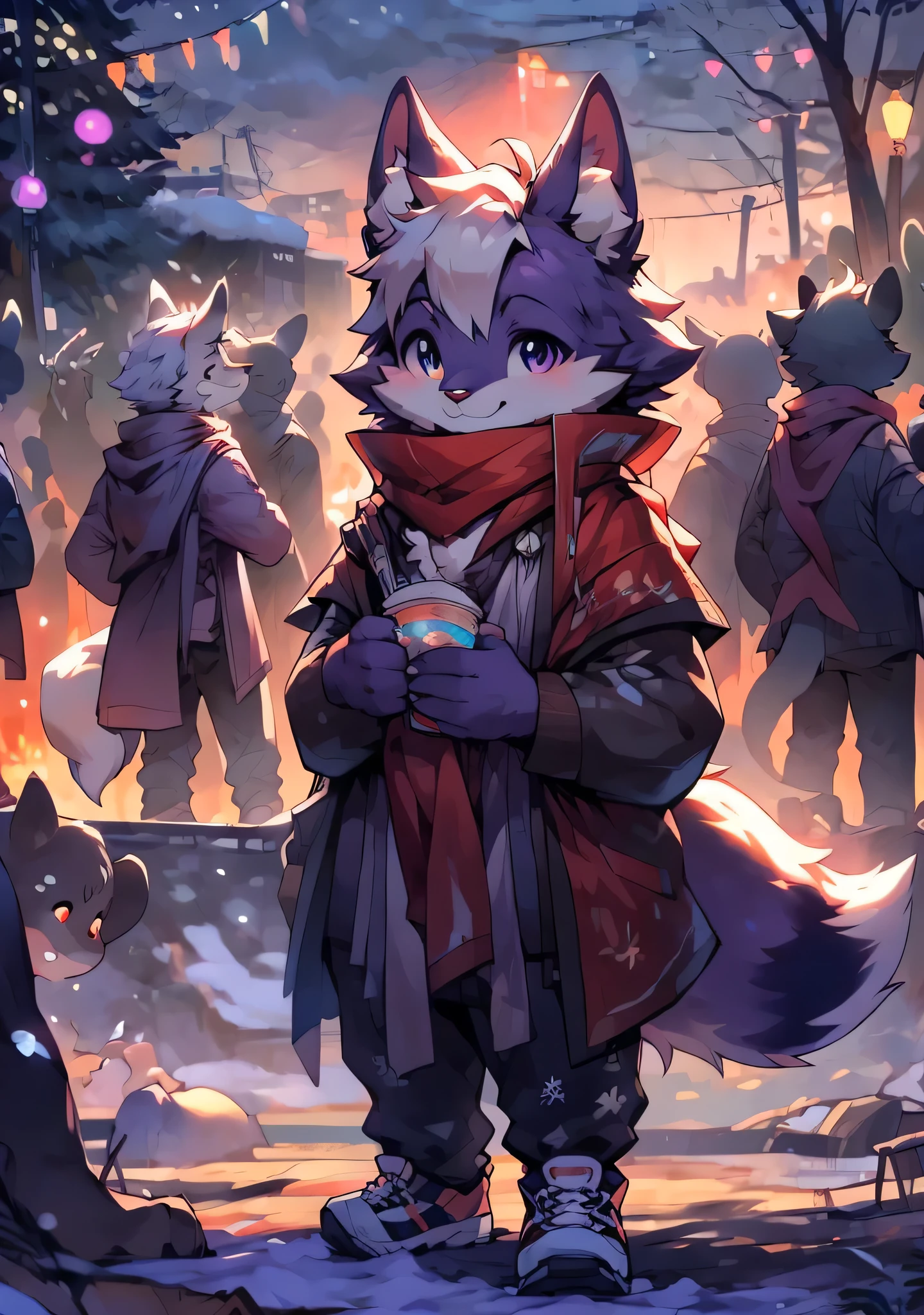 A person grows up、mature fox，Wear a red scarf, The fox  very tall. a handsome fox，Coat color purple, Has purple fur, White hair around the mouth and cheeks, purple hair, furry ears, hairy neck, He stood high in the snow, Looking up at the snowy sky，Smile brightly. snow scene. bushy tail, Wadai, furry ears直立.. He wears furry, Warm and comfortable thenorthface down jacket,Wearing trousers and sneakers on the lower body, He holds a cup of hot cocoa in one hand，Holding a snack in the other hand. During the fireworks display，He walked through an alley crowded with vendors. As he looked around the snowy woods outside the cabin，His eyes sparkled with surprise, Many snowflakes fall from the sky. full mature tall ，With a relaxed expression, Get ready to explore the outside world. cat high. 背景中covered with snow的大树, There are colorful fireworks in the snow, In the background are steep and tall mountains，covered with snow, There are wooden houses in the background, Sunset，narrowed field of view, With extremely detailed background