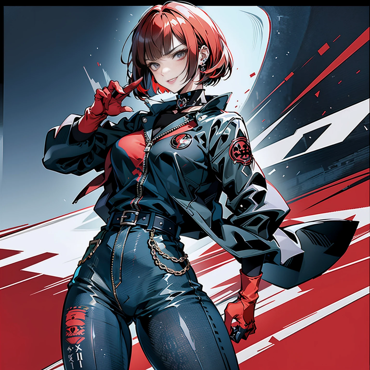 in the art style of persona5 and in the art style of street of rage 4, delinquent, (sukeban), mature_female, blush, mature, older woman, 25 years old, Sukeban teacher outfit, (1girl, solo female, solo, solo focus)++++, choker, sukeban teacher, sukeban fighter, long_sleeves, open jacket, blue jacket,( jean)+++, light skin tone female, (full body)+++++, jacket, biker jacket, tape, arm_support, gloves, red_gloves, bridal gauntlets, nail polish, boots, black_footwear, fighter outfit, (full body)+++++++, hourglass, mature face, cheeky smile, cheeky face, wrinkles, (red hair, short hair, bob cut, earrings, ear piercings), red eyeighting art, Martial arts, standing, fighting_stance, fight, fighting), extra colors, 2D, megapixel, perfectionism, accent lighting, full HD , (Masterpiece:1.2), (full-body-shot:1),(cowboy shot:1.2), (Highly detailed:1.2),(anime Detailed Face:1.2), Colorful, A detailed eye, (Detailed landscape:1.2), (natural lighting:1.2), ((sukeban school teacher)) by Vincent Di Fate: Aidyllery, Anamorphic Shot, rule of thirds, face by Artgerm and WLOP,