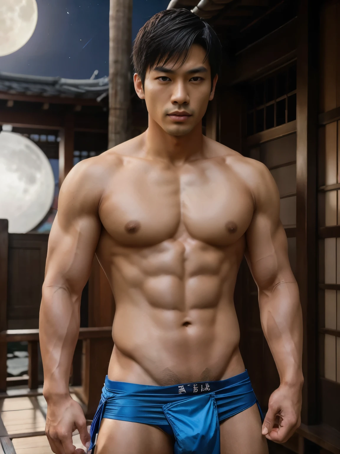 ((1 asian man)), (photo realistic), (Masterpiece), Intricate details, detailed face, detailed eyes, Detailed background, Depth of field, Handsome models, slim athletic builds, (Japanese men), Blue loincloth, fundoshi, nude, Dynamic pose, stylish haircut，Ryokan, (Night), Moon, various poses, alluring expression