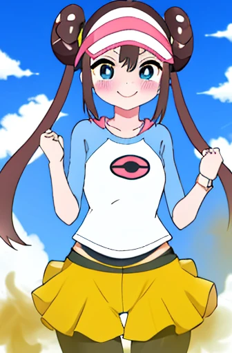 masterpiece、highest quality、high resolution、ro1、bun hair、blue eyes、twin tails、visor cap、pantyhose、raglan sleeve、Yellow shorts、shirt、pink ribbon、watch、Are standing、cowboy shot、field、monster Ball \(basic\)、smile、women stink、Attack with farts、embarrassing、