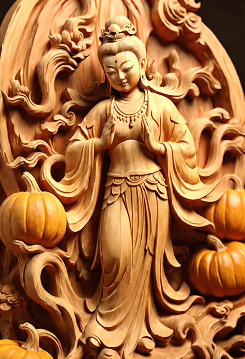 A Pumpkin Carvings Dunhuang apsaras, smooth surface, rimming light, Wood grain background, playful illustrations, playful, dreamy imagery, Chinese style, extremely detailed, soft lighting, soft contrast, incredible art, wlop, artstation, artgerm, octane render, (best quality, masterpiece, Representative work, official art, Professional, 8k:1.3)