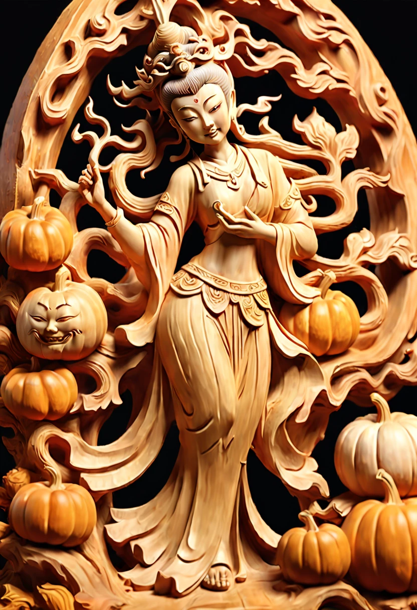 A Pumpkin Carvings Dunhuang apsaras, smooth surface, rimming light, Wood grain background, playful illustrations, playful, dreamy imagery, Chinese style, extremely detailed, soft lighting, soft contrast, incredible art, wlop, artstation, artgerm, octane render, (best quality, masterpiece, Representative work, official art, Professional, 8k:1.3)