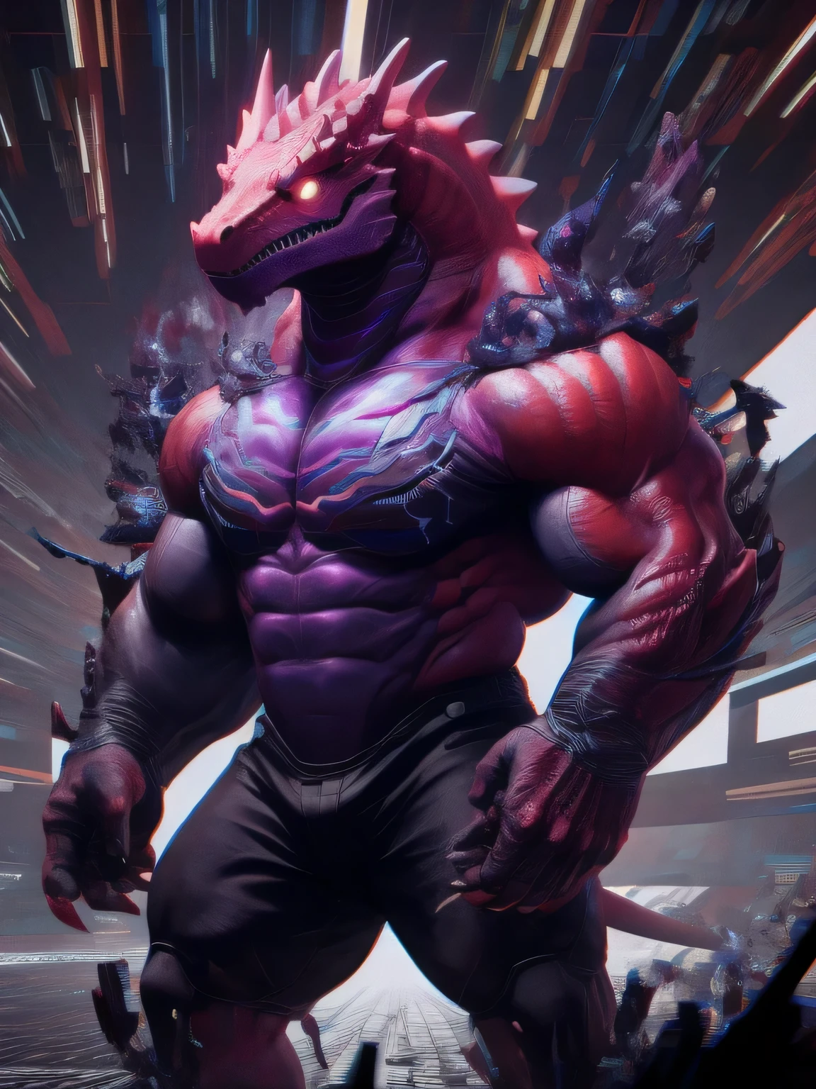 masterpiece, best quality, perfect anatomy, (detailed eyes:1.2), (Red Raptor), male, solo, cables as tenacles from back, glowing eyes, floating in air, digital_space, binary, glitchy, glitch creature, liquid, detailed background, Evil, Mischief, kemono, solo, made of glitch, void creature, chaos, corruption, bara, muscles, anime_pose, negative_space, inverted_filter, glitched, error, virus, malware, malicious