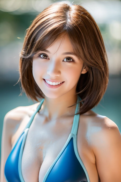 Highest quality、masterpiece、Japanese、Beautiful eyes、Fine skin、Flexible hair、Brown Hair、Short Hair、Spread your knees、Sexy Swimwear、bikini、A sly smile