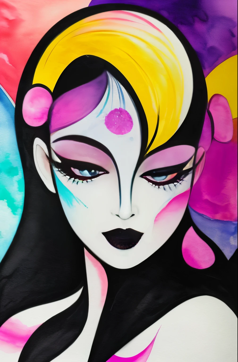 black and white drawing of a woman with a face, Sylvia Pelissero watercolors, tumbler, abstract art, Intense watercolor painting, watercolor detailed art, watercolor splash, surreal, Avant-garde pop art, Beautiful and expressive painting, Beautiful artwork illustration, very colorful tones, Fantastic, cool beauty, highest quality,official art, women only, sharp outline, best shot, vector art