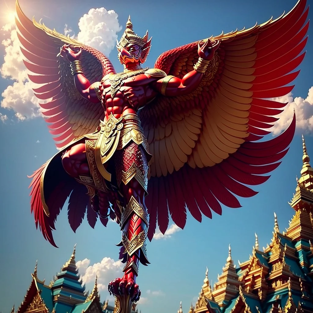 (Garuda 1) Red eyes, muscular body. Best anatomy: Red-skinned Garuda. Red-haired Garuda. Large, outstretched, red-winged Garuda. perfect wingspan Wear jewelry made from gold with Thai patterns. Gold jewelry decorated with diamonds on Garuda's head Wearing Thai cloth pants, Thai silk, red Thai pattern. Hands on hands and legs look like perfect birds. Hands, legs, feet are perfect. Stand on the ground, look straight, stand fully. The skin is the most detailed. The skin is red. The fur is the most detailed red. Red eyes, best detail The best anatomical details, details, cloth, accessories, Thai warrior armor. Best Metal Details Best Weapons Best Weapon Details (Special details Masterpiece quality Realistic Photos(Ultimate Realistic Photos 8k,16k,32k) Maximum realism and best lighting details. Best light quality, best shadows World class photography studio (Best close-up view)(The backdrop of the Thai temple castle is extinguished with gold, silver, emeralds, diamonds, perfect. The background is the sky, clouds, and fog. It feels natural and realistic.)