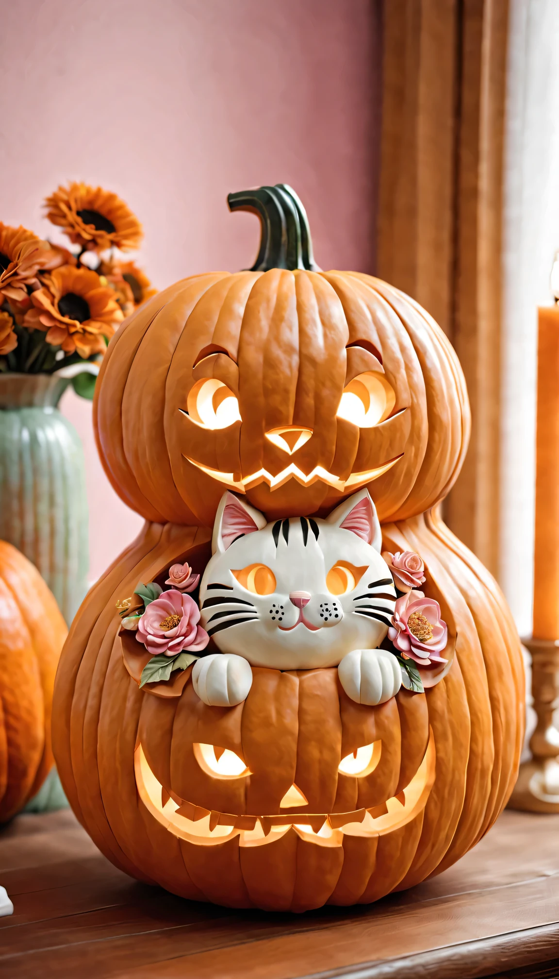 Super detailed pumpkin hollow carving，(There&#39;A cat  engraved on it&#39;s face.(pumpkin vase))，Girl's room，detail，Delicate pink floral luffy bedding，wooden furniture，sparkling shades，Autumn atmosphere，pastel colors，Highlight with pastels，Artistic sense，（best quality，超detail，photorealism：1.37），Originality，beauty，striking，lovely artwork，Pumpkin Craft Masterpiece