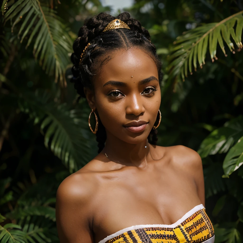 A female AI model of East African descent, possibly resembling the beauty standards of Burundi or Rwanda. She has the rich, dark skin tone often associated with African heritage. Her hair is styled in a traditional African manner, perhaps in beautifully intricate braids or an afro, showcasing the unique and diverse hair textures found in Africa. Her body, in line with East African aesthetics, is strong and graceful. Her features, while digitally constructed, capture the essence of East African beauty, with striking eyes, high cheekbones, and a warm, captivating smile show full body with good clothes