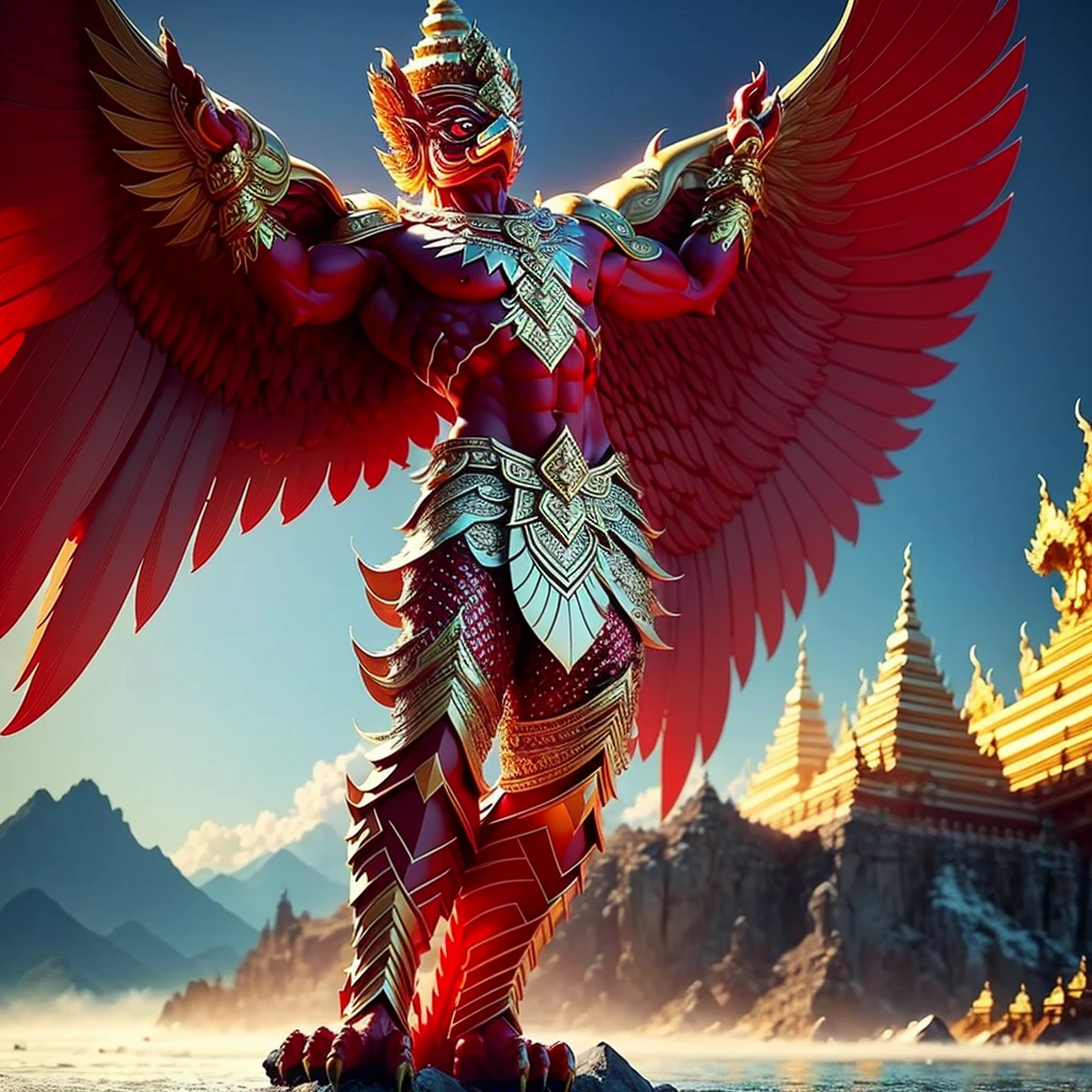 (Garuda 1) Red eyes, muscular body. Best anatomy: Red-skinned Garuda. Red-haired Garuda. Large, outstretched, red-winged Garuda. perfect wingspan Wear jewelry made from gold with Thai patterns. Gold jewelry decorated with diamonds on Garuda's head Wearing Thai cloth pants, Thai silk, red Thai pattern. Hands on hands and legs look like perfect birds. Hands, legs, feet are perfect. Stand on the ground, look straight, stand fully. The skin is the most detailed. The skin is red. The fur is the most detailed red. Red eyes, best detail The best anatomical details, details, cloth, accessories, Thai warrior armor. Best Metal Details Best Weapons Best Weapon Details (Special details Masterpiece quality Realistic Photos(Ultimate Realistic Photos 8k,16k,32k) Maximum realism and best lighting details. Best light quality, best shadows World class photography studio (Best close-up view)(The backdrop of the Thai temple castle is extinguished with gold, silver, emeralds, diamonds, perfect. The background is the sky, clouds, and fog. It feels natural and realistic.)