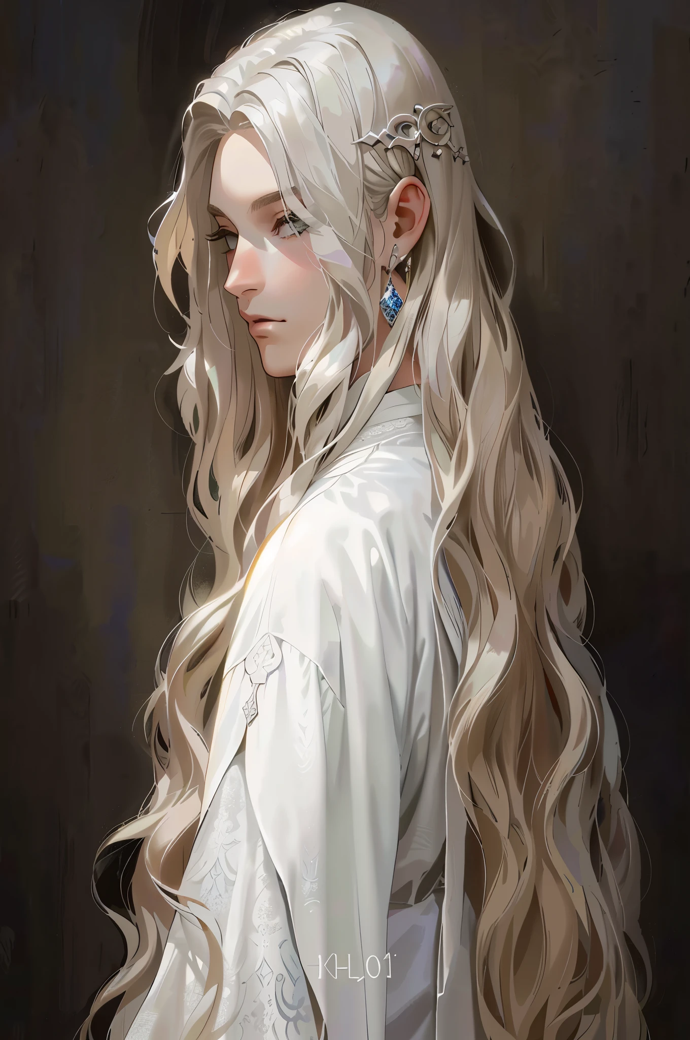 Un primer plano de un hombre con el pelo largo y rubio y una camisa blanca, detailed pelo largo blanco, with pelo largo blanco, with pelo largo y blanco, wavy pelo largo blanco, Cabello blanco largo y suelto, pelo largo blanco, retrato de un hombre elfo delgado, pelo blanco largo y ondulado, pelo largo y blanco, beautiful androgynous prince, delicate androgynous prince, orejas puntiagudas