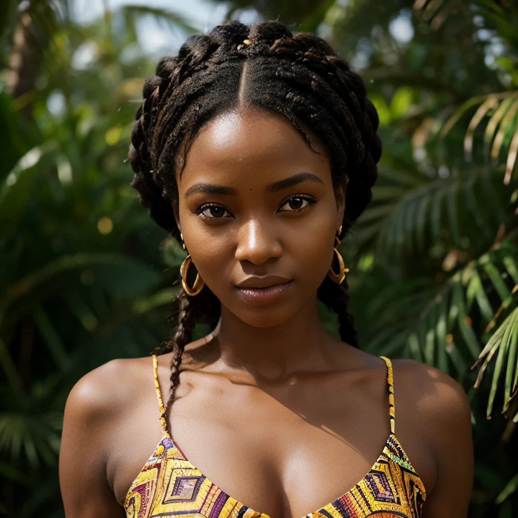 A female AI model of East African descent, possibly resembling the beauty standards of Burundi or Rwanda. She has the rich, dark skin tone often associated with African heritage. Her hair is styled in a traditional African manner, perhaps in beautifully intricate braids or an afro, showcasing the unique and diverse hair textures found in Africa. Her body, in line with East African aesthetics, is strong and graceful. Her features, while digitally constructed, capture the essence of East African beauty, with striking eyes, high cheekbones, and a warm, captivating smile show full body with good clothes