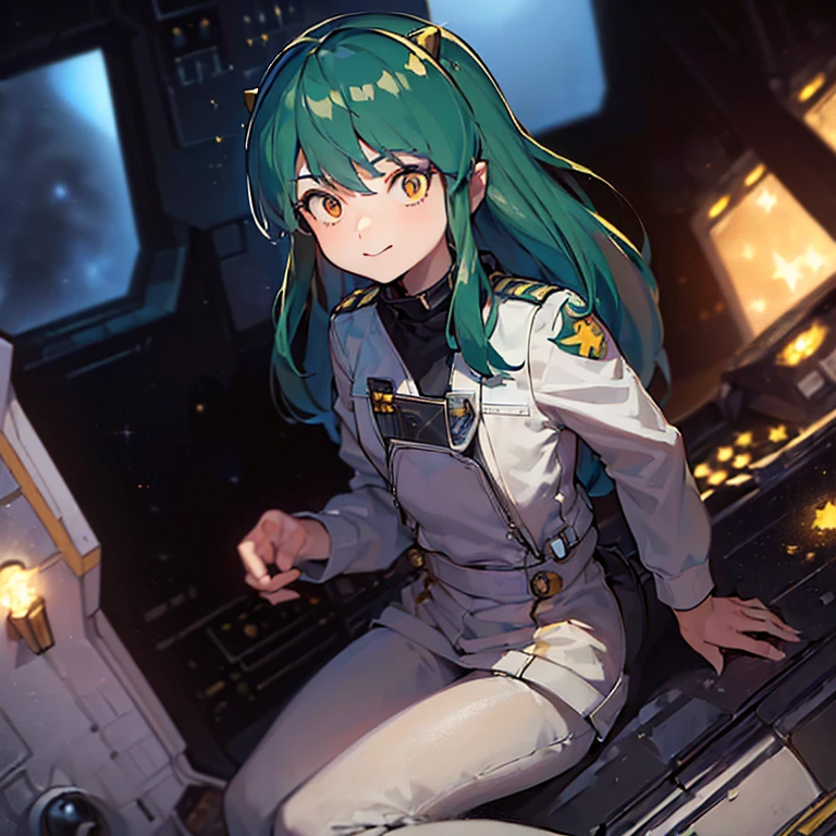 16k,(masterpiece:2),(best quality:2),(realistic),((ultra detailed)),(cinema lighting),(upper body), 2-tone green color long hair, a matured female,(medium breasts),(a pilot of a small space fighter:2),(((((sitting and manipulating the control stick by hands)))),((in white spacesuit)),,(smile),lum,lumlum,horns,,(((in the cockpit of a small space fighter))),((((looking forward))),BREAK,(many star lights and the outer space out of the cockpit),