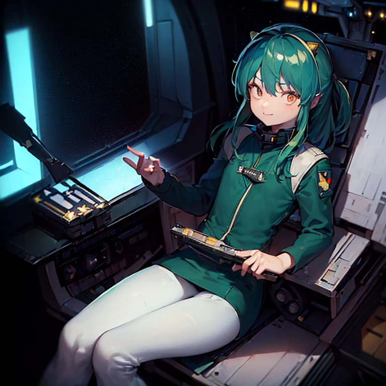 16k,(masterpiece:2),(best quality:2),(realistic),((ultra detailed)),(cinema lighting),(upper body), 2-tone green color long hair, a matured female,(medium breasts),(a pilot of a small space fighter:2),(((((sitting and manipulating the control stick by hands)))),((in white spacesuit)),,(smile),lum,lumlum,horns,,(((in the cockpit of a small space fighter))),((((looking forward))),BREAK,(many star lights and the outer space out of the cockpit),